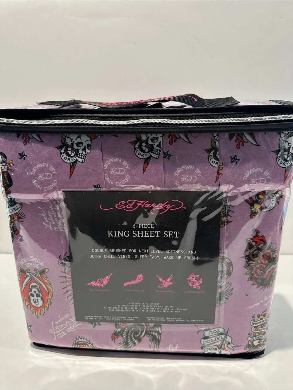 NWT Ed Hardy Death Before Dishonor 6 Piece King Sheet Set with 4 Pillowcases.
